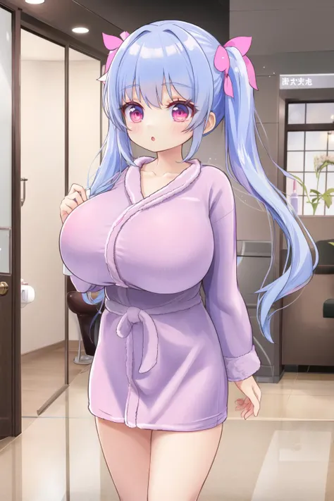 <lora:shortbath:0.6>, short bathrobe, gigantic breasts, twintails, blue hair, :o, indoors, standing, <lora:Shuz-10:0.6>, pink eyes