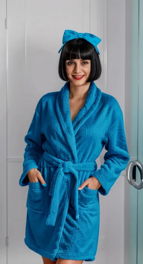 <lora:shortbath:0.6>, short bathrobe, 1girl, stepping out of the shower, bob cut, blunt bangs, black hair, blue eyes, smile, lips, hairband, huge breasts, standing, full body