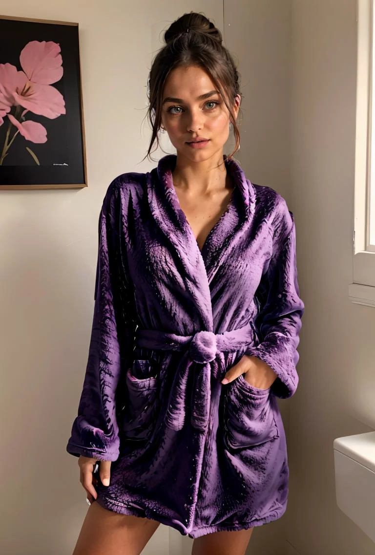 (masterpiece, best quality), 1girl, Smoky Purple Sleek Low Bun, Size A breasts, <lora:shortbath:0.8> short bathrobe