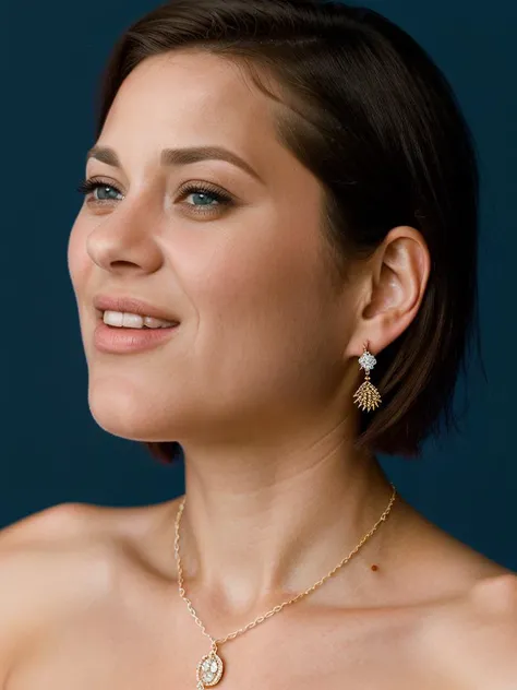 Realistic photo of a beautiful m4r10nc woman, 1girl,solo,short hair,blue eyes,brown hair,jewelry,parted lips,teeth,necklace,lips,blue background,portrait,realistic,soft lighting, professional Photography, Photorealistic, detailed, RAW, analog, sharp focus, 8k, HD, high quality, masterpiece<lora:m4r10nc:1.0>