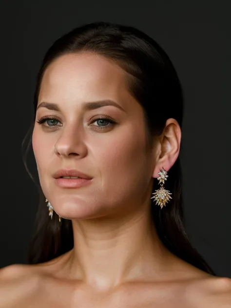 Realistic photo of a beautiful m4r10nc woman, 1girl,solo,long hair,looking at viewer,simple background,brown hair,black hair,jewelry,braid,earrings,grey background,hair over one eye,lips,piercing,realistic,soft lighting, professional Photography, Photorealistic, detailed, RAW, analog, sharp focus, 8k, HD, high quality, masterpiece<lora:m4r10nc:1.0>