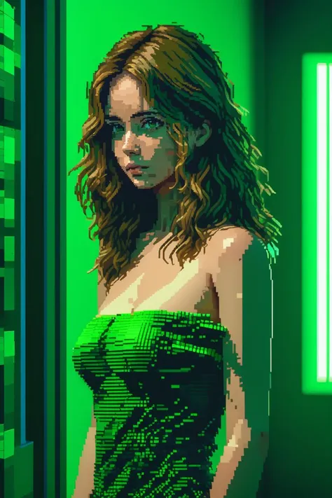 pixel-art masterpiece,best quality, ultra realistic,32k,RAW photo,detail skin, 8k uhd, dslr,high quality, film grain,\nShaggy hair, (girl, bare shoulders, sexy:1.1) . low-res, blocky, pixel art style, 8-bit graphics, a woman standing in an empty green room