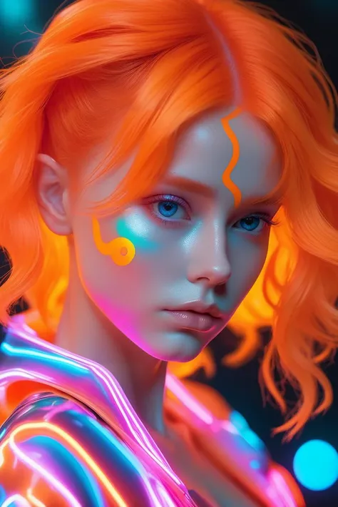 (Surreal Pop:1.3), masterpiece,best quality, ultra realistic,32k,RAW photo,detail skin, 8k uhd, dslr,high quality, film grain,fluorescent orange hair, Demon , coloful, colorful, neon, hyperrealistic, cute, trending on Artstation