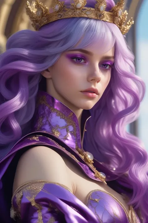 (Baroque style:1.3), masterpiece,best quality, ultra realistic,32k,RAW photo,detail skin, 8k uhd, dslr,high quality, film grain,electric purple hair, King , coloful, attractive, futuristic, science fiction, stunning, intricate detail, much wow, masterpiece