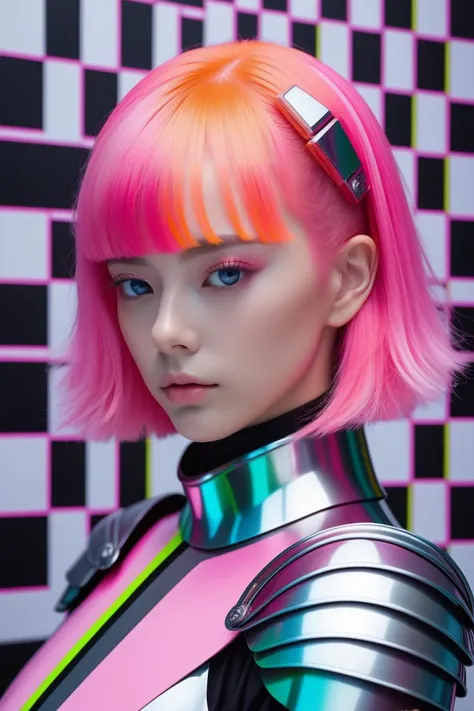 (Op Art:1.3), masterpiece,best quality, ultra realistic,32k,RAW photo,detail skin, 8k uhd, dslr,high quality, film grain,DayGlo pink hair, Knight , coloful, dignifying