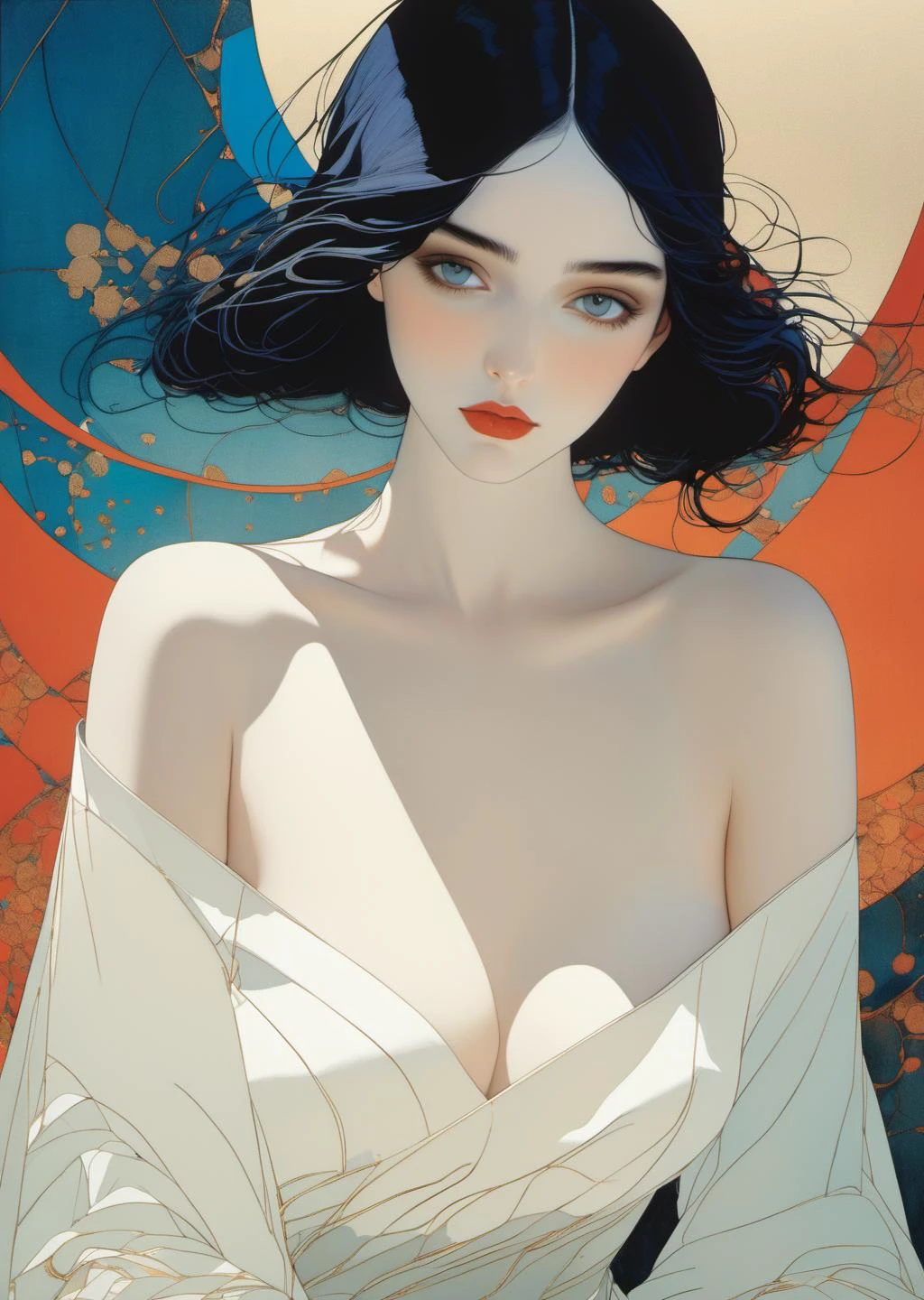 1 beautiful young woman,
cleavage
off shoulder oversized shirt
( 8k, gradient art by Harry Clarke Hayv Kahraman )