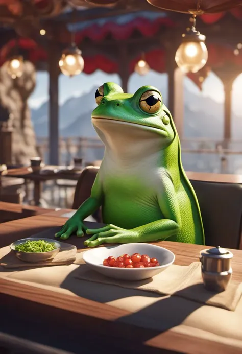 fear frog try a new restaurant, mountain peak, 4k, depth of field, intricate details, masterpiece, elegant, bokeh
