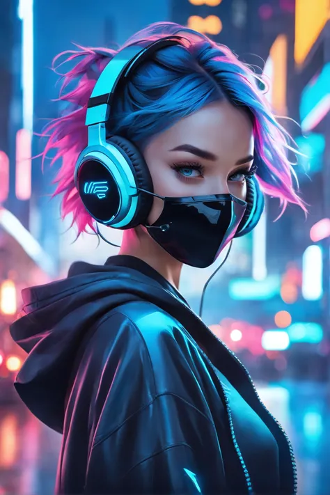 in the style of Artgerm, (frontal view, facing viewer:1.2), centered, masterpiece, face portrait, 1girl, solo, aqua hair color, short hairstyle, light blue eyes, (neon wireless headphones headset:1.2), (black neon futuristic mouth mask:1.2), dark blue hoodie, futuristic city lights, sunset, buildings, urban scenery, neon lights | bokeh,