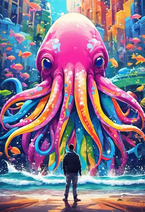 pride giant squid paint a picture on canvas, colorful graffiti wall. 4k, depth of field, intricate details, masterpiece, soft focus, soft lighting, quirky, RAW photo shot by dslr Fujifilm XT3