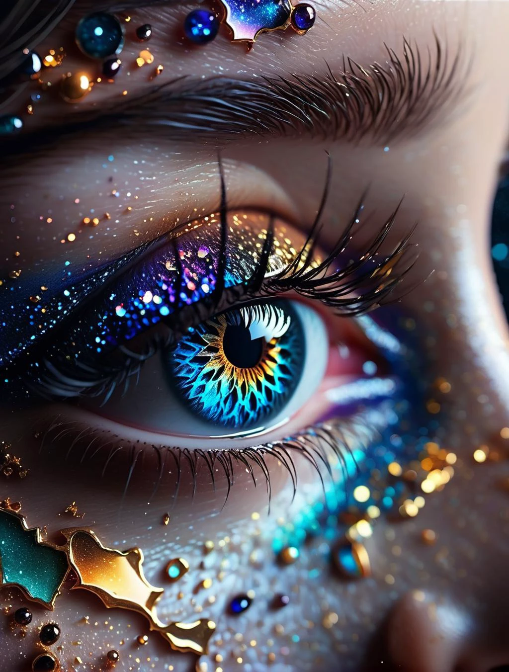 macro shot of girls watery eye with a (galaxy high detail inside her iris that has a dark ring around it):1.2 , fantasy eyeshadow makeup, dark eye liner and mascara, cinematic lighting, (masterpiece, top quality, best quality, official art, beautiful and aesthetic:1.2), (photorealistic, ultra realistic 8k CG), raw photo, photo:1.5, realistic:1.5, photorealistic:1.5, ultra highres, 8k, texture skin, realistic skin, detailed skin, highest detailed, extreme detailed, 8k wallpaper, colorful, (dark magic), (grim), ring with the stone, (intricate details), (hyperdetailed), 8k hdr, high detailed, lot of details, high quality, soft cinematic light, dramatic atmosphere, atmospheric perspective (focus on), color Ink wash painting,