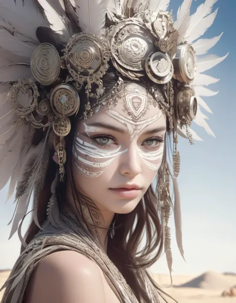 ultra detailed, beautiful fascinating biomechanical female cyborg with a porcelain face, aztec warrior, feathers, piercing, aztec tattoos, mayan earthy details, analog, 1 5 0 mm lens, vanilla leaves and stems, sinuous roots, white blossoms, fine foliage lace, highly detailed, hexagonal mesh wire, mandelbrot fractal, cable wires, microchip, elegant, beautiful natural light, studio lights, rim light, ultra detailed, octane render, volumetric lighting, 8 k post production