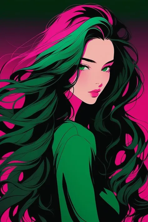 sexy girl,solo, portrait,dark pink simple background,long wavy hair, dark green hair hair, realistic, (masterpiece,best quality,niji style)