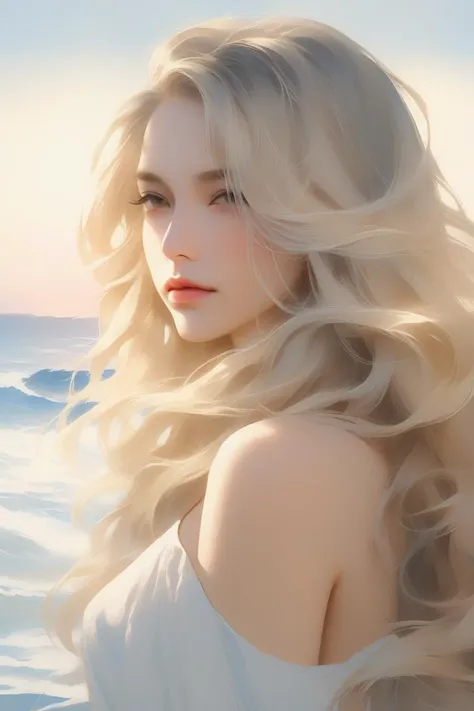 sexy girl,solo, portrait,in the Bay,gradient color,long wavy hair, Ash blonde hair, realistic, (masterpiece,best quality,niji style)