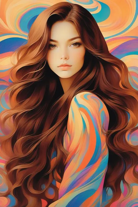 sexy girl,solo, portrait,Psychedelic simple background,long wavy hair, Brown hair, realistic, (masterpiece,best quality,niji style)