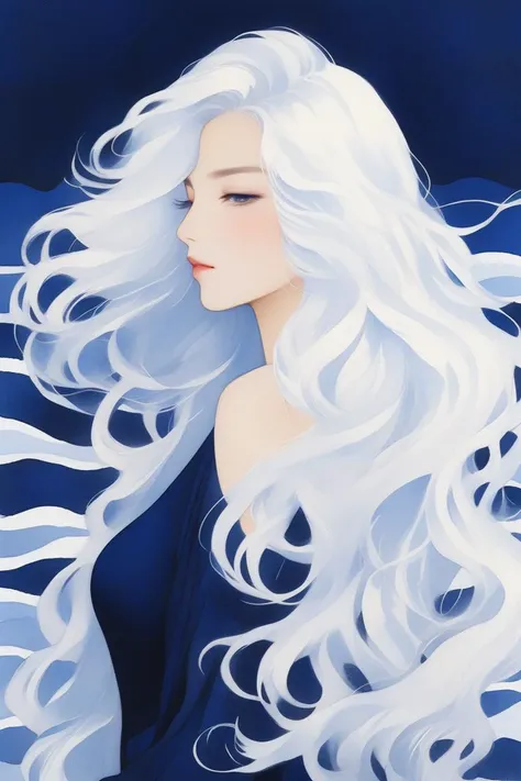 sexy girl,solo, portrait,Navy Blue simple background,long wavy hair, white hair hair, realistic, (masterpiece,best quality,niji style)