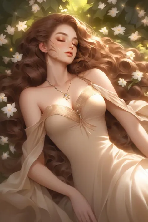 bare shoulder,sexy, cleavage,1 girl,portrait, long wavy hair,simple background,(Brown gradient background), (masterpiece,best quality),lips, spark ,niji style,__*/sexydress__, necklace, realistic, lying on the flower forest, sleeping with eyes closed