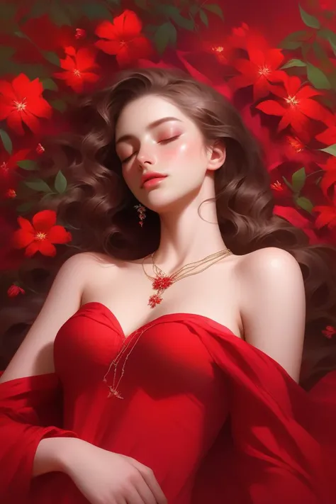 masterpiece, best quality, absurdres,1girl, gorgeous, lying on a bed of roses, redhead, long wavy hair, full body shot, from above, opulent, sumptous, parted lips, dreamy, longingly, (detailed face), bare belly, soft lighting, limited palette, shades of red and white, (red roses all over the background:1.4),nice hands, perfect hands