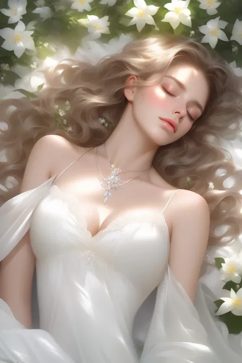 bare shoulder,sexy, cleavage,1 girl,portrait, long wavy hair,simple background,(White gradient background), (masterpiece,best quality),lips, spark ,niji style,__*/sexydress__, necklace, realistic, lying on the flower forest, sleeping with eyes closed