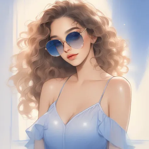 bare shoulder,sexy, cleavage,1 girl,portrait, curly hair,simple background, (masterpiece,best quality),lips, spark ,niji style, camisole, Party Dress ,in the Cottage,Indigo gradient , sketch ,background, sunglasses