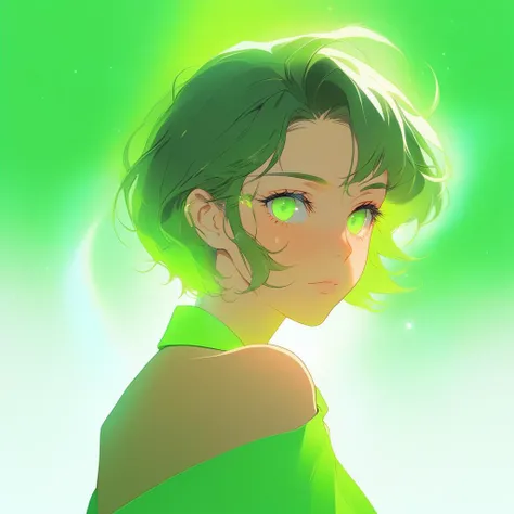 bare shoulder,sexy, cleavage,1 girl,portrait, short hair,simple background, (masterpiece,best quality),lips, spark ,niji style, camisole, Pea Coat ,in the Gorge,fluorescent green gradient , ghibli anime style ,background,