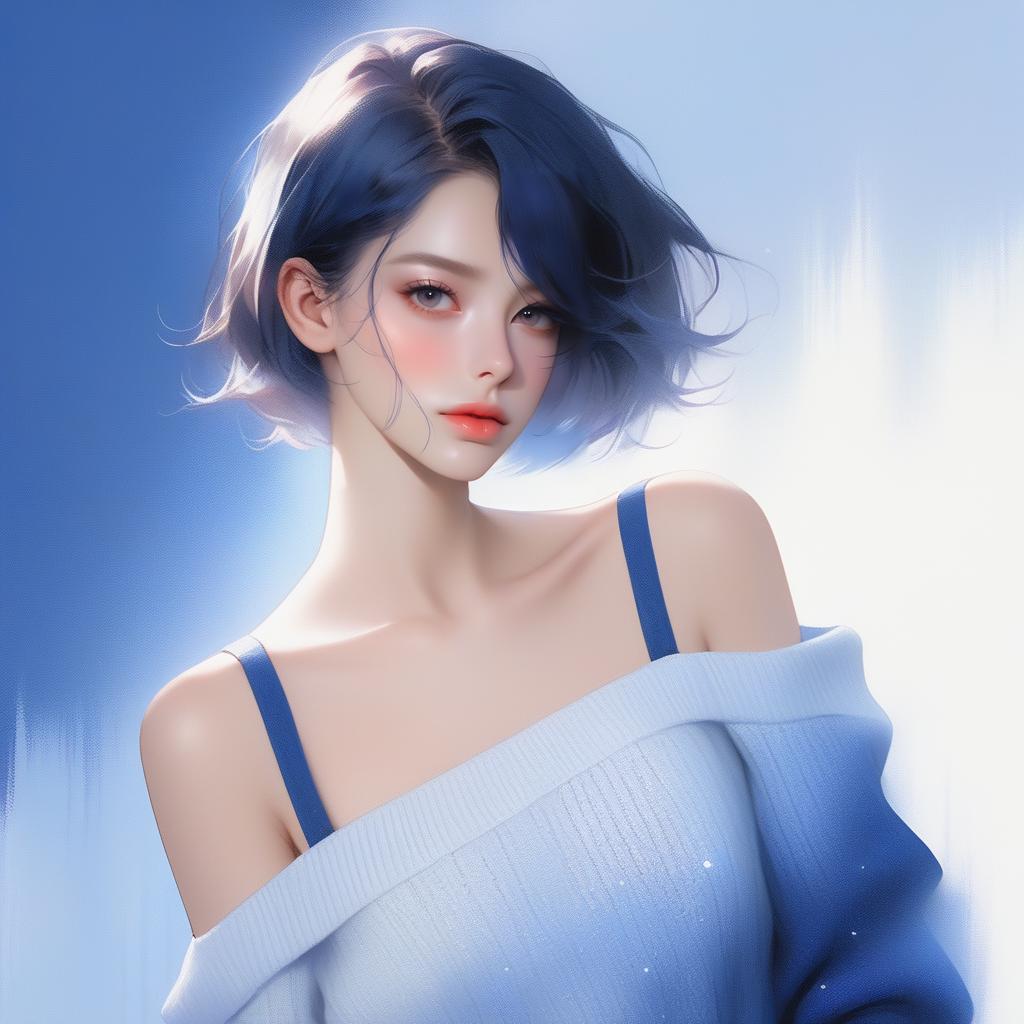 A woman with a blue top and red lipstick posing for a picture - SeaArt AI