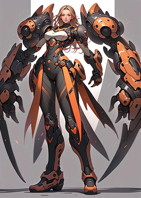 1 female beautiful battle stance
mechanical arms sleeveless oversized pants