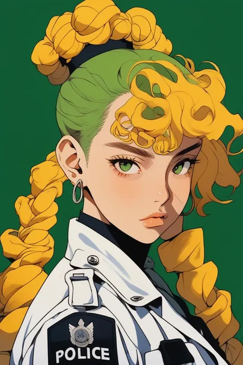 (realistic:1.1),ghibli ,anime ,(1girl ),portrait,lip, budget sarashi,Shaving cream, dark green gradient background, Mustard hair,Bantu knots hair, Silvia Pelissero,police ,, (masterpiece,best quality,niji style)