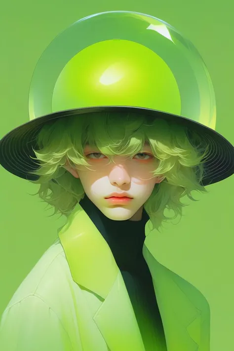 (realistic:1.1),acrylic ,(1boy ),,lip, Floppy hat,Sphere, Olive gradient background, Gradient hair,Undercut hair, High-Tech , (masterpiece,best quality,niji style)