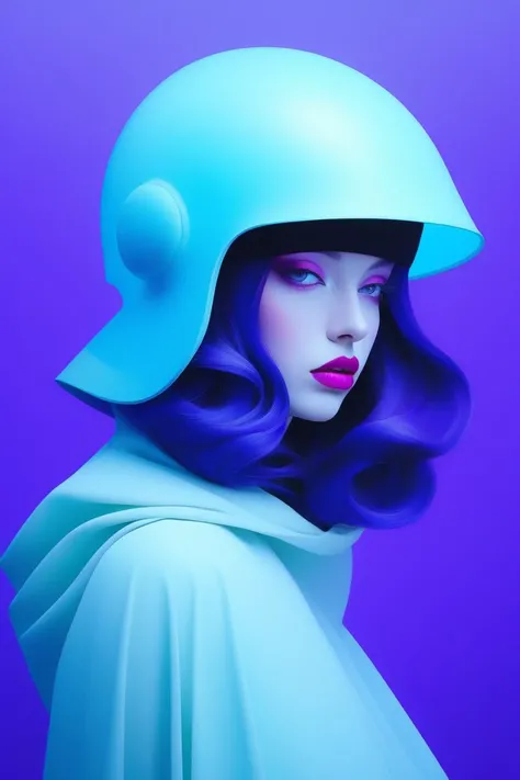 minimalism style,anime ,(1girl ),portrait,lip, hood,-material- helmet, fluorescent blue gradient background, deep purple hair,Loose waves hair, Troy Brooks,Hellenistic , (masterpiece,best quality,niji style)