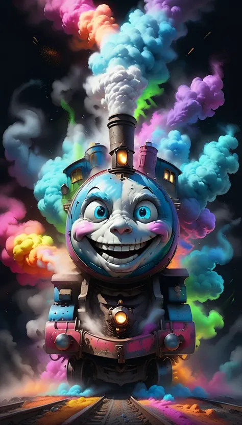 a whimsical fantasy nightmare of thomas the train, billowing chalkdust steam from its smokestack, creepy smile, haunting smile, bright colors, night, vibrant colors, soft contrast, backlight lighting, style of Anton Fadeev and style of Loish,
photorealistic, Fujifilm XT3, Ultra Realistic, High quality, Highly detailed, trending on artstation, intricate detailed background,