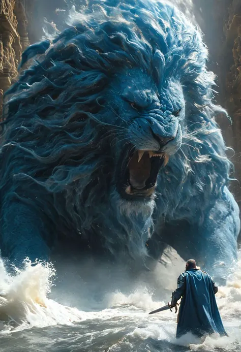 very dark focused flash photo, amazing quality, masterpiece, best quality, hyper detailed, ultra detailed, UHD, perfect anatomy, portrait, dof, hyper-realism, majestic, awesome, inspiring, Capture the epic moment as Moses faces off against a colossal, foaming, semi-transparent blue wave in the ultimate boss battle. cinematic composition, soft shadows, national geographic style