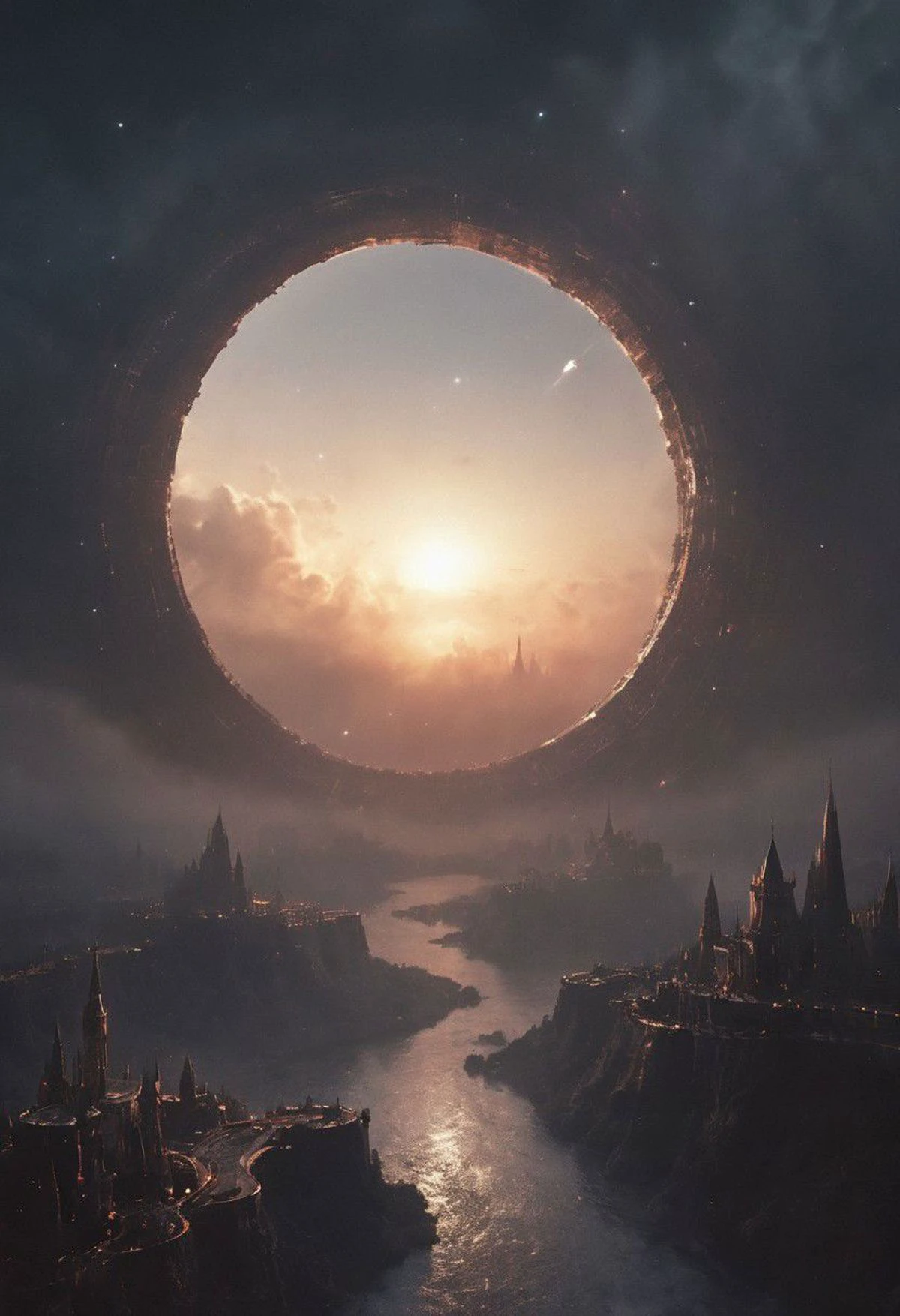 Seen from Outer space, floating in space, A Planet floating in outer space, with two dark towering modern-medieval towers standing side by side, reaching into the high clouds, connected by a bridge of some sort. Incorporate modern elements and windows into their design. infront of a colorful vibrant sunrise,
atmospheric haze, Film grain, cinematic film still, highly detailed, high budget, cinemascope, moody, epic, OverallDetail, gorgeous, 2000s vintage RAW photo, photorealistic, candid camera, color graded cinematic, eye catchlights, atmospheric lighting, skin pores, imperfections, natural, shallow dof,