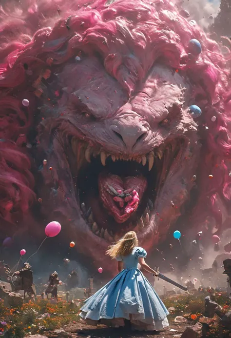 amazing quality, masterpiece, best quality, hyper detailed, ultra detailed, UHD, perfect anatomy, portrait, dof, hyper-realism, majestic, awesome, inspiring, Bosstyle, an adult busty Alice in Wonderland Fighting a giant umpalumpa with a Large sword like Lollipop in vibrant colorful Candyland, atmospheric haze, cinematic composition, soft shadows, national geographic style