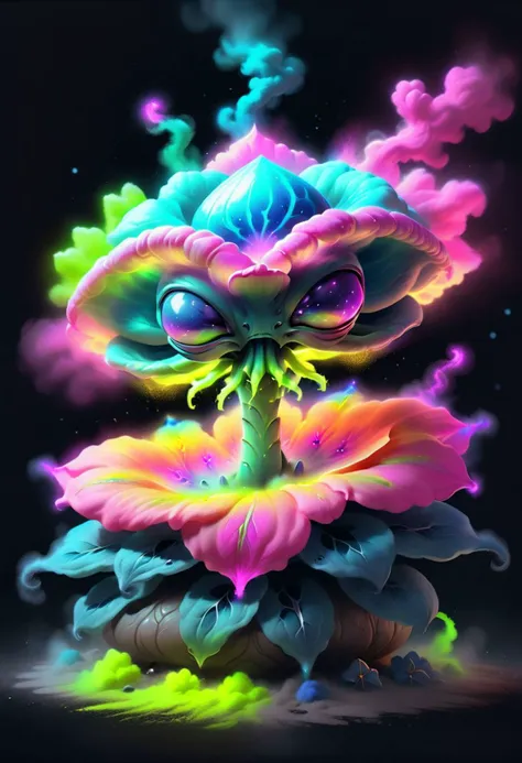 a glowing magical alien flower in the style of chalk dust, 8k, releasing neon glowing spores, mystical atmosphere , digital art, high quality, highly detailed,DarkFantasy