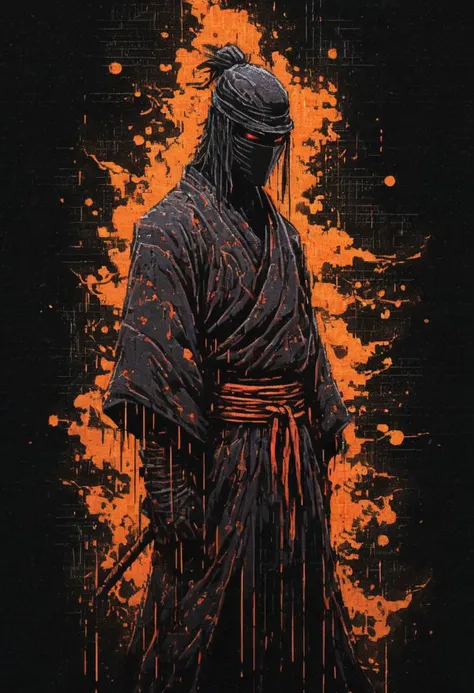 Neon ascii_art, sideview, Himura Kenshin Kimono, feudal Ninja, Katsuhiro Otomo Style, Cotton Ninja suit, eyes visible, huge neon Art Painting from hanging at wall, Fighting stance, medieval inspired detailed Wall Art, very detailed, hd, foggy, smoke, dimmed backlight, PEHighContrast, floating particles, dynamic Scene