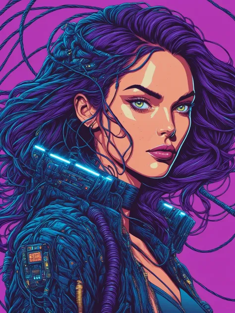 in the style of dan mumford, Cyberpunk Style, 1woman, Megan Fox, cables, cyberpunk, jacket, female focus, purple background, robot, science fiction, solo, upper body, wires, <lora:CyberpunkSDXL:1>