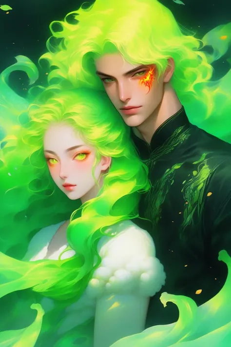 (realistic:1.1),anime ,oil color,(1girl ,1boy ),,lip, sheep costume,snow peas, dark green gradient background, fluorescent yellow hair,Mermaid waves hair, Flaming ,slave ,, (masterpiece,best quality,niji style)