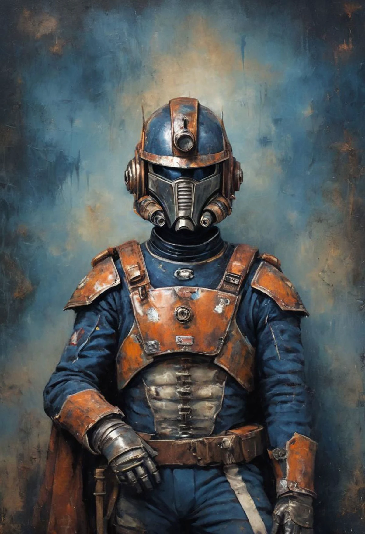 ffserenity, Grit, Rust, Stains, grunge style ffserenity, a cyborg wearing rusty spaceship mech armor, sat by a lake, textured, distressed, vintage, edgy, punk rock vibe, dirty, noisy,, Napoleon dynamite in iconic Napoleon Bonaparte Pose, Vintage space General Uniform, DARK blue medieval inspired Wall painting