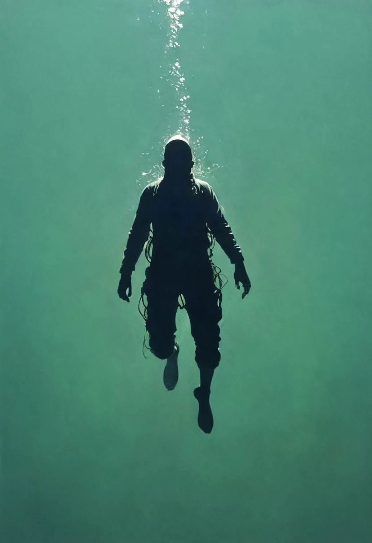 By Herg, Lowlight dark Pastel Tone, super Closeup Portrait, very Detailed, awesome Quality, reflecting, luminescent, translucent, Ethereal, Aura, 70s vintage Tintin diver in deep Green blue sea, diving fins, upside down, Diving down, deep blue, endless deep dark sea, sideview, simple Silhouette, DARK dystopian Blade Runner Flair, dynamic Scene, very detailed, uhd, masterpiece, White smoke, light beams through smoke,