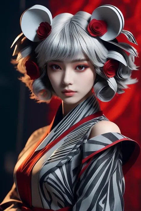 \n(masterpiece,best quality, ultra realistic,32k,RAW photo,detailed skin, 8k uhd, dslr,high quality:1.3), film gain, origami style \n1lady, Bare shoulder, Alabaster hair, short hair, zebra print Skinny jeans and button-down shirt,Grilled meat . paper art, pleated paper, folded, origami art, pleats, cut and fold, centered composition, a symbol, a copy of a facsimile, never one - to - one, creation is in the entropy. mandala - yin - yang this side the hyperplane, seeing all sides a bit insane, perfect glass diamond a prison prisms light, sheen shine divine a mirror - box plight. also, a fursuit., (coloful,\ud83c\udf08:1.1), by karol bak, tom bagshaw, rococo, sharp focus, trending on artstation, cinematic lighting, hyper realism, octane render, 8 k, hyper detailed
short hair , Gray hair,lady, brown eyes, deep blue bear costume, freckles,
(electric red gradient background, simple background:1.3), (masterpiece,best quality:1.5)