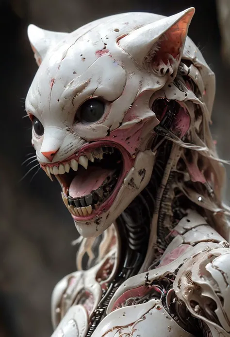 amazing quality, masterpiece, best quality, hyper detailed, ultra detailed, UHD, perfect anatomy, portrait, dof, hyper-realism, majestic, awesome, inspiring, closeup, an weathered outworn old Fantasy White pink and white porcelain sculptur of a Sharp teethed catgirl, smooth, Closeup, by Dring, rust paint peelz, atmospheric haze, cinamatic composition, soft shadows, national geographic style