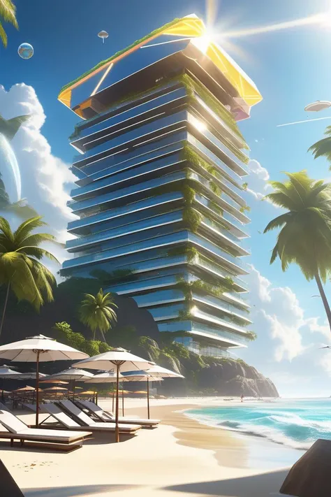apocalyptic, Futuristic skyscraper, Ion-powered speeder, Interstellar trading post, A world with unpredictable gravity fluctuations, leading to floating islands and erratic weather patterns. ,A bright sun over a peaceful beach with cabanas and umbrellas, Triangle, sunny , (masterpiece,best quality:1.6)