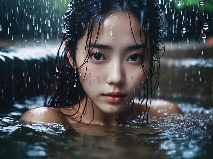((bestquality)), ((masterpiece)), (Girl bathing in an onsen under a mountain waterfall.) ,lie down Post ,(see through miko dress, no bra , No panties ) , smile , perfect lighting , pure body, no makeup, clear pores visible, breasts, navel, soaked body, covered in sweat, in the dark, deep shadow , wet , Wet hair , Wet skin , mountain , steam , Night view, moon light , masterpiece quality, insane details, Absurd, Surreal images, UHD, ultra-high resolution, (photorealistic portrait:1.4), official art, (10, RAW photo:1.2),