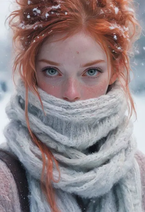Face behind wooly scarf, Petite redhead Woman in snow, Freckles, face Closeup, face Hidden behind Pastell neon Striped wooly scarf, only blushed flirting eyes visible
very Detailed, awesome Quality, reflecting, luminescent, translucent, Ethereal, Aura, 80s DARK dystopian Blade Runner Flair, very detailed, uhd, masterpiece, White smoke, light beams through smoke,
