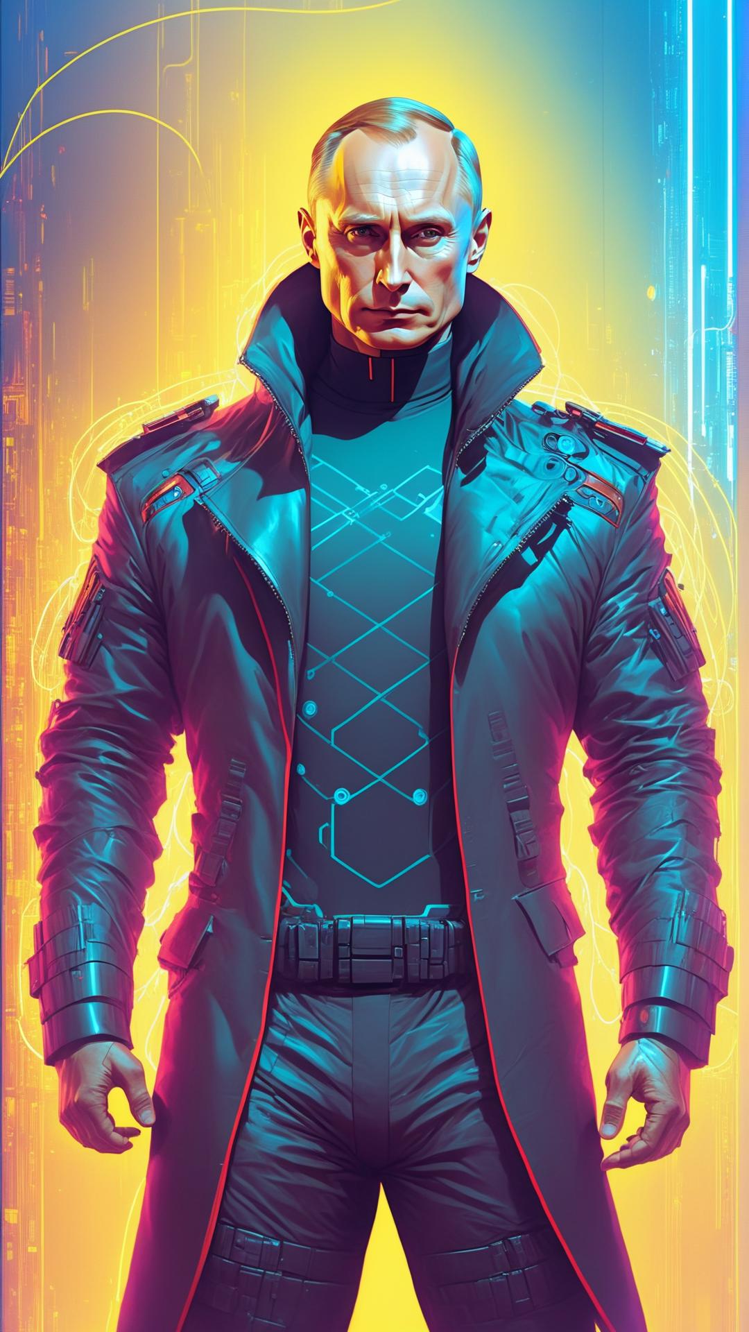 A man in a black coat and a red and yellow background - SeaArt AI