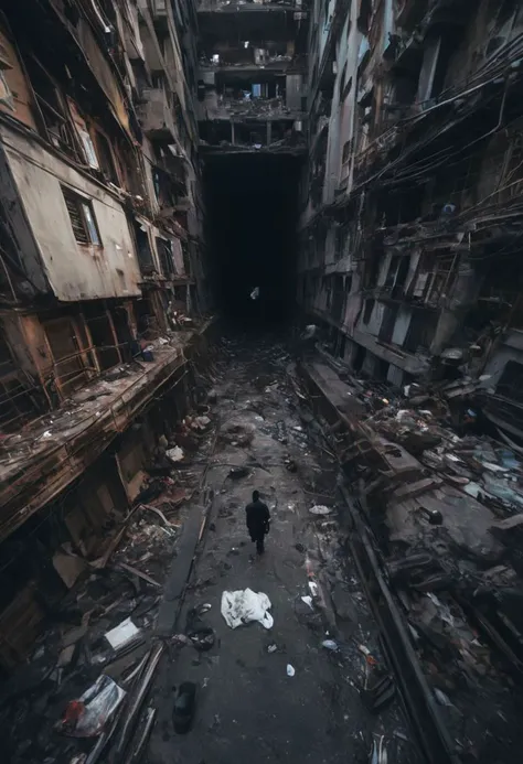 Large DARK abyss above the City, Running through dystopian City, See running hands, Trash, violence, tears, First person, fpv, Large Horror Monster horizon, See hands fpv