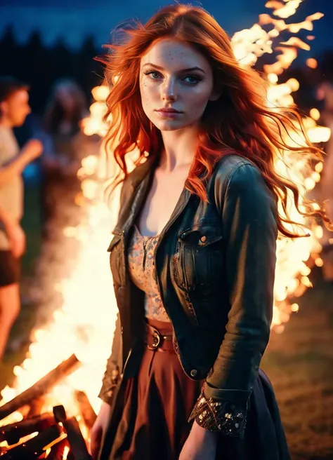 (full body shot:1.3) cinematic photo 21-year-old, solo, (redhead:1.1) Irish woman, celebrating (Celtic Festival of Beltane:1.5) (nighttime:1.26) (bonfire, sparks, flame:1.22) (moody, shadowy lighting:0.9), high-detail, 4K , 35mm photograph, film, bokeh, professional, 4k, highly detailed, detailed skin texture, (blush:0.5), (goosebumps:0.5)  , subsurface scattering, Photorealistic, Hyperrealistic, analog style, realistic, film photography, soft lighting, heavy shadow