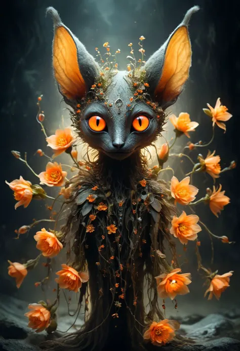 The concept in the image portrays a mystical creature with large, luminescent, orange eyes and elongated ears that seem to be glowing. The creature is surrounded by an ethereal atmosphere with floating elements, and there are small orange flowers interspersed around it. The backdrop is a dark, swirling, and magical environment, emphasizing the otherworldly and enchanting nature of the creature.
The image is compositionally balanced with the creature centered and slightly tilted to the viewer's left. The glowing eyes are a strong focal point, drawing attention immediately. The surrounding dark environment creates a contrast, making the creature and its glowing elements stand out more prominently. The small orange flowers scattered around the creature add an additional layer of depth and interest to the image.
The image has a fantasy-inspired artistic style, characterized by its surreal and ethereal elements. The color palette is rich and moody, dominated by dark and floating elements create a sense of otherworldliness. The glowing eyes and luminescent ears of the creature