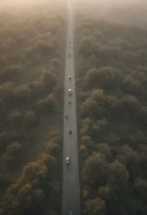 A early morning Road in Fog, sunrise behind a Grey/orange veil of fog, dystopian abyss like broken cgmech opens the sky, broken Road, very detailed, atmospheric haze, Film grain, cinematic film still, shallow depth of field, highly detailed, high budget, cinemascope, moody, epic, OverallDetail, gorgeous, 2000s vintage RAW photo, photorealistic, candid camera, color graded cinematic, atmospheric lighting, natural, shallow dof