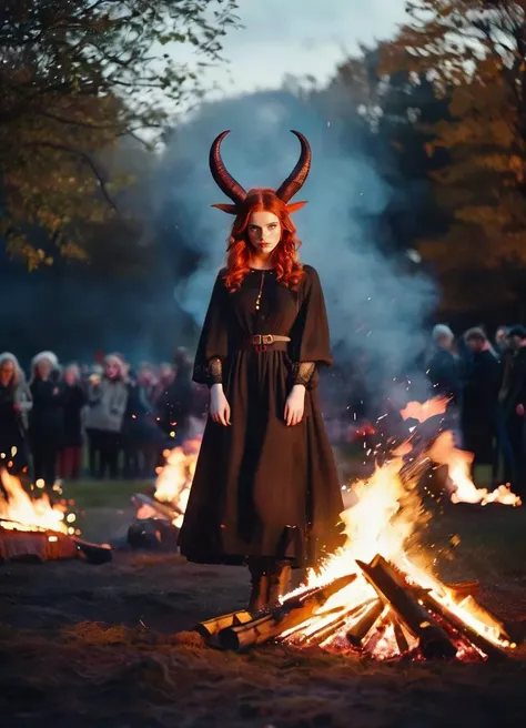 (full body shot shot:1.3) 15 years cinematic photo, Kizi, comely, defined resources, standing alone, (redheadwear:1.1) dressed as a scary horned demon, visible nipples, to celebrate (May Day Gaelic Festival:1.5) (night time:1.26) (camp fire, sparks, Flame:1.22) (temperamental, dark lighting:0.9), high détail, 4K , 35mm photography, film, bokeh, proffesional, 4K, highy detailed, Detailed texture skin, (blush:0.5), (shiver:0.5)  , underground dispersal, Photorealisitic, Hyperrealisitic, analog style, realisitic, Film photography, soft lighting, heavy shadow